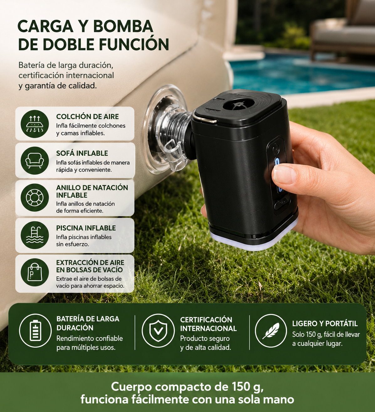 Compresor de Aire Portátil 2 en 1 | Inflador y Desinflador Inalámbrico con Luz LED de Camping y SOS